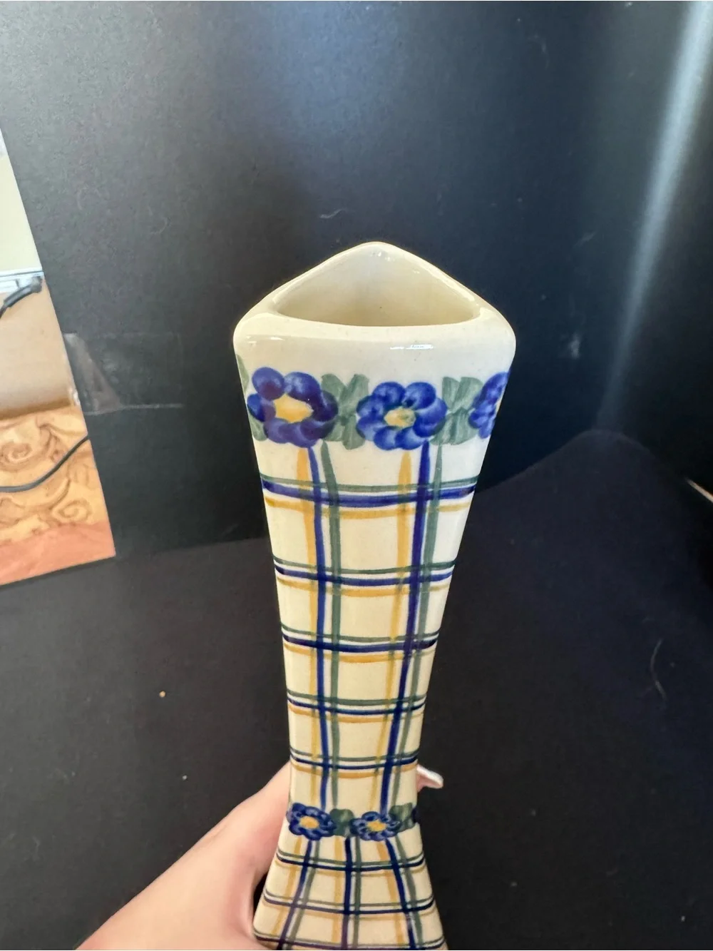 Vintage Andy Unikat Polish Pottery Triangle Vase Plaid Floral
